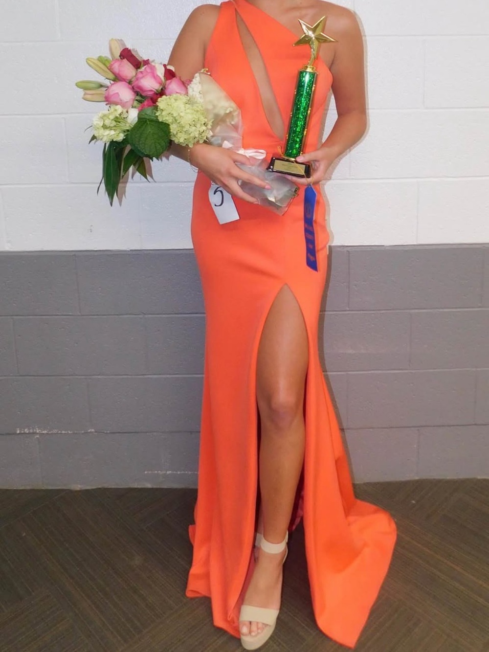 Jovani Bright Orange One-Shoulder Prom Gown with Thigh Slit